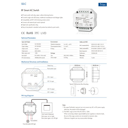 73126 SS-C SKYDANCE AC RF 2.4Ghz & Push Switch 1 Κανάλι AC 100-240V 1 x 6A 1440W - Max 6A 1440W - IP20 Μ5.2 x Π5.2 x Υ2.6cm