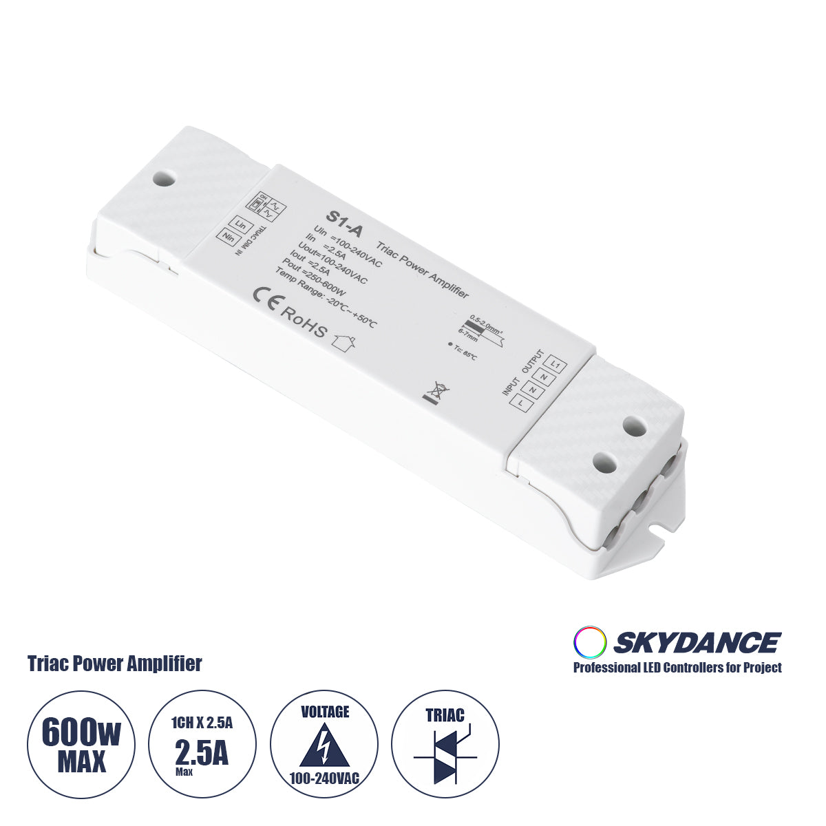 73128 S1-A SKYDANCE AC Triac Amplifier 1 Κανάλι AC 100-240V 1 x 2.5A 600W - Max 2.5A 600W - IP20 Μ17.5 x Π4.5 x Υ2.5cm