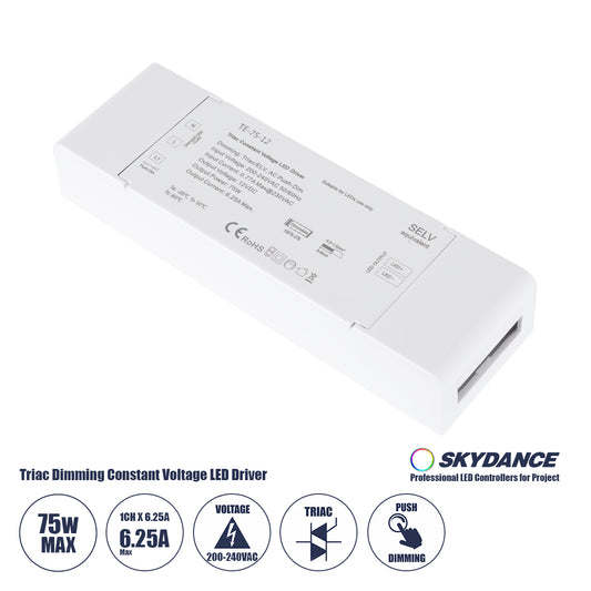 73129 TE-75-12 SKYDANCE AC Triac Dimmer Push Dimming 1 Κανάλι AC 200-240V 1 x 6.25A 75W - Max 6.25A 75W - IP20 Μ18 x Π5.7 x Υ3cm