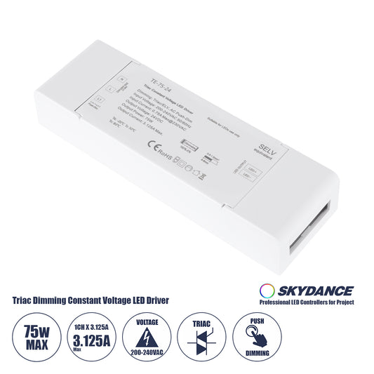 73130 TE-75-24 SKYDANCE AC Triac Dimmer Push Dimming 1 Κανάλι AC 200-240V 1 x 3.125A 75W - Max 3.125A 75W - IP20 Μ18 x Π5.7 x Υ3cm