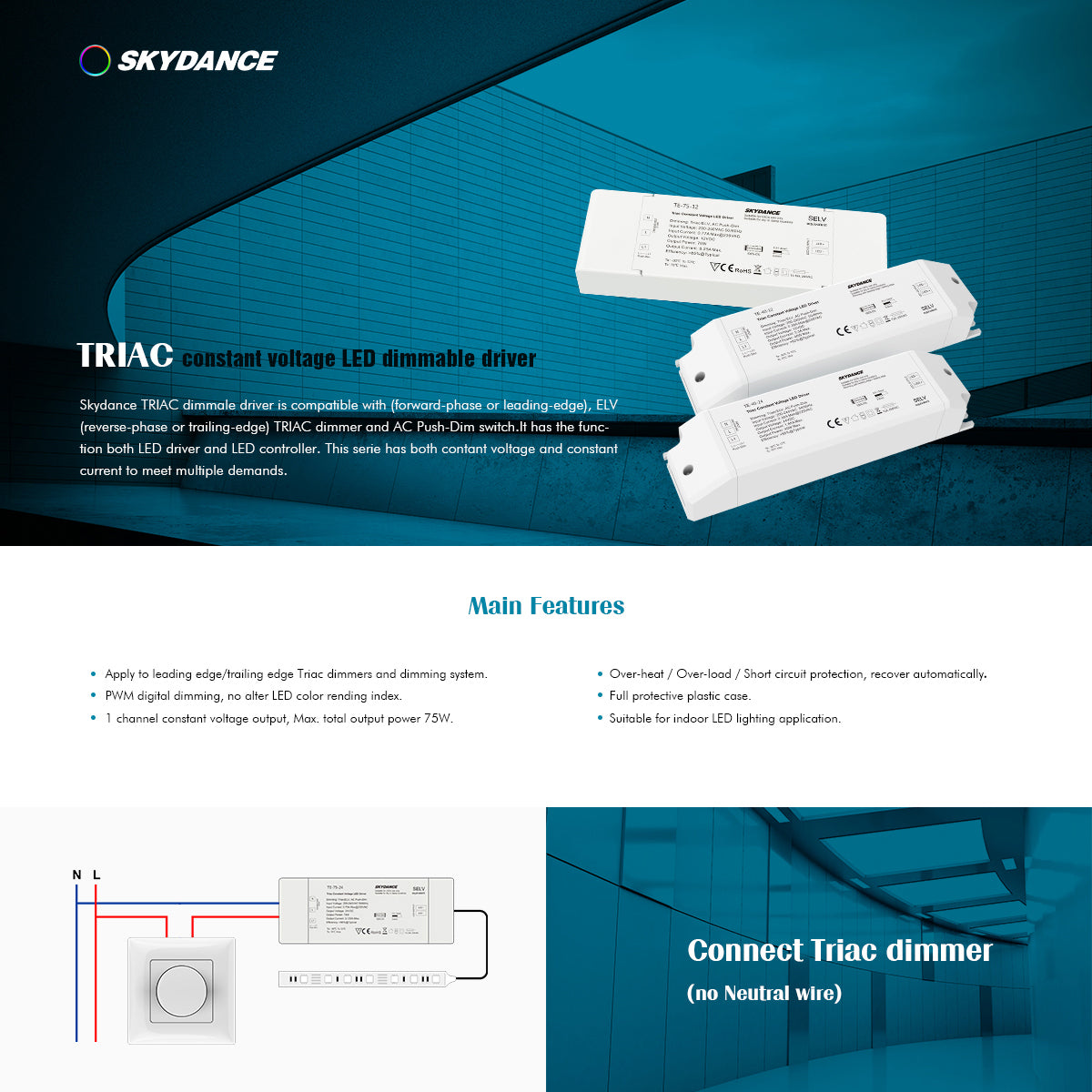 73130 TE-75-24 SKYDANCE AC Triac Dimmer Push Dimming 1 Κανάλι AC 200-240V 1 x 3.125A 75W - Max 3.125A 75W - IP20 Μ18 x Π5.7 x Υ3cm