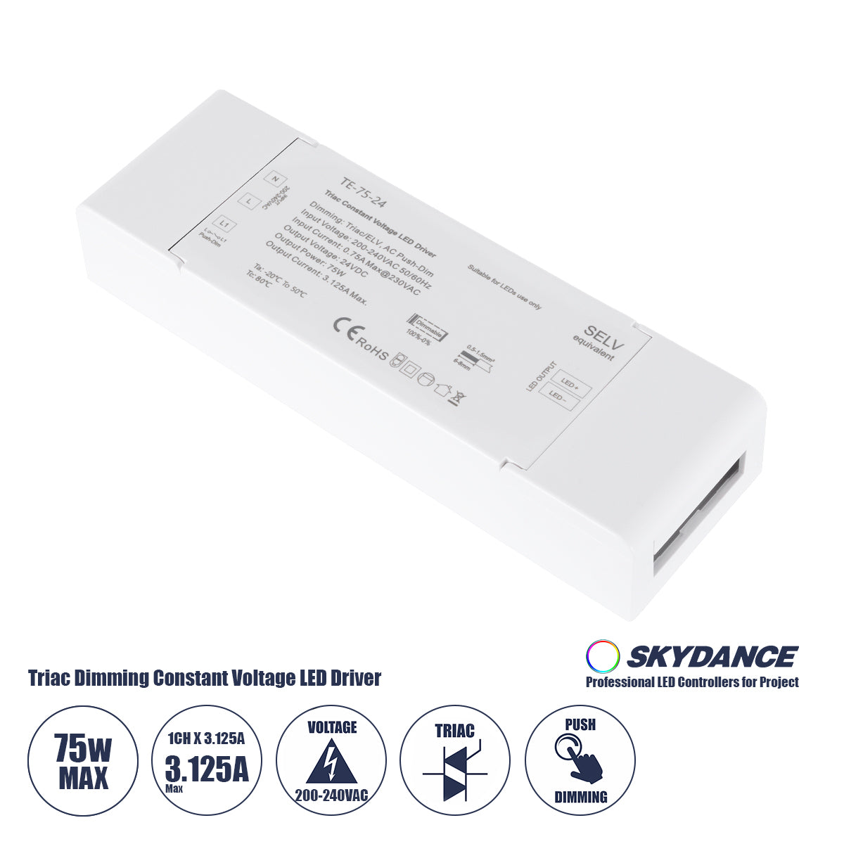 73130 TE-75-24 SKYDANCE AC Triac Dimmer Push Dimming 1 Κανάλι AC 200-240V 1 x 3.125A 75W - Max 3.125A 75W - IP20 Μ18 x Π5.7 x Υ3cm
