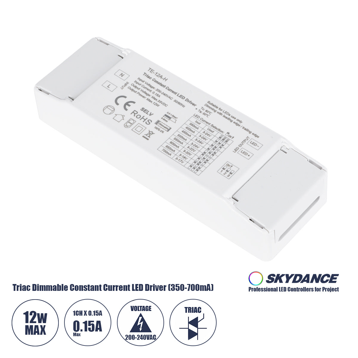 73131 TE-12A-H SKYDANCE AC Triac Dimmable Constant Current LED Driver 1 Κανάλι AC 200-240V 1 x 0.15A 12W - Max 0.15A 12W - IP20 Μ11.1 x Π3.7 x Υ2cm