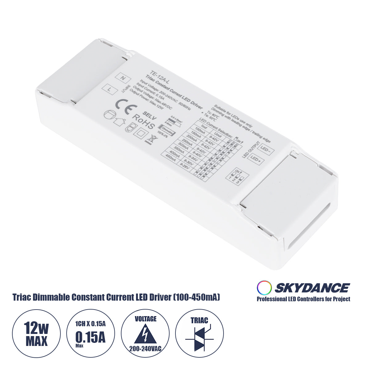 73132 TE-12A-L SKYDANCE AC Triac Dimmable Constant Current LED Driver 1 Κανάλι AC 200-240V 1 x 0.15A 12W - Max 0.15A 12W - IP20 Μ11.1 x Π3.7 x Υ2cm