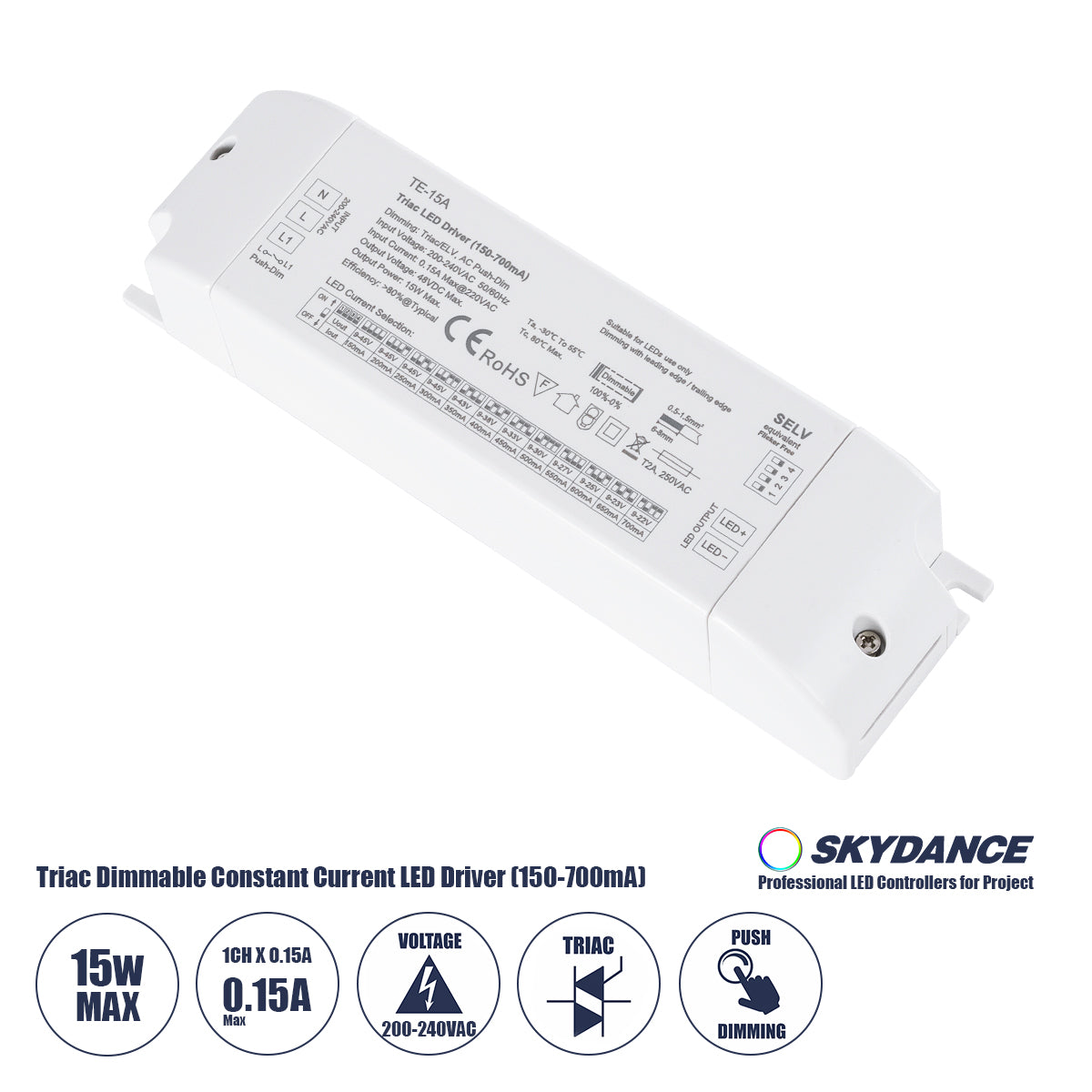 73133 TE-15A SKYDANCE AC Triac Dimmable Constant Current LED Driver Push Dimming 1 Κανάλι AC 200-240V 1 x 0.15A 15W - Max 0.15A 15W - IP20 Μ15.1 x Π4.1 x Υ3cm