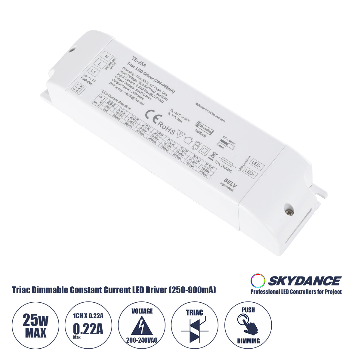 73134 TE-25A SKYDANCE AC Triac Dimmable Constant Current LED Driver 1 Κανάλι AC 200-240V 1 x 0.22A 25W - Max 0.22A 25W - IP20 Μ17.5 x Π4.4 x Υ3cm