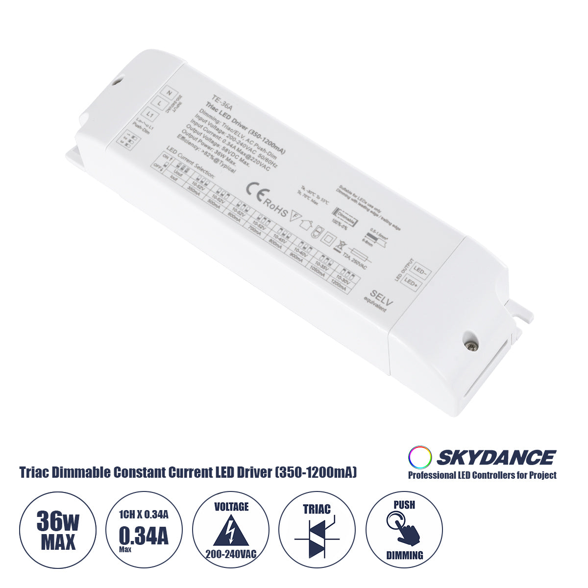 73135 TE-36A SKYDANCE AC Triac Dimmable Constant Current LED Driver Push Dimming 1 Κανάλι AC 200-240V 1 x 0.34A 36W - Max 0.34A 36W - IP20 Μ17.5 x Π4.4 x Υ3cm