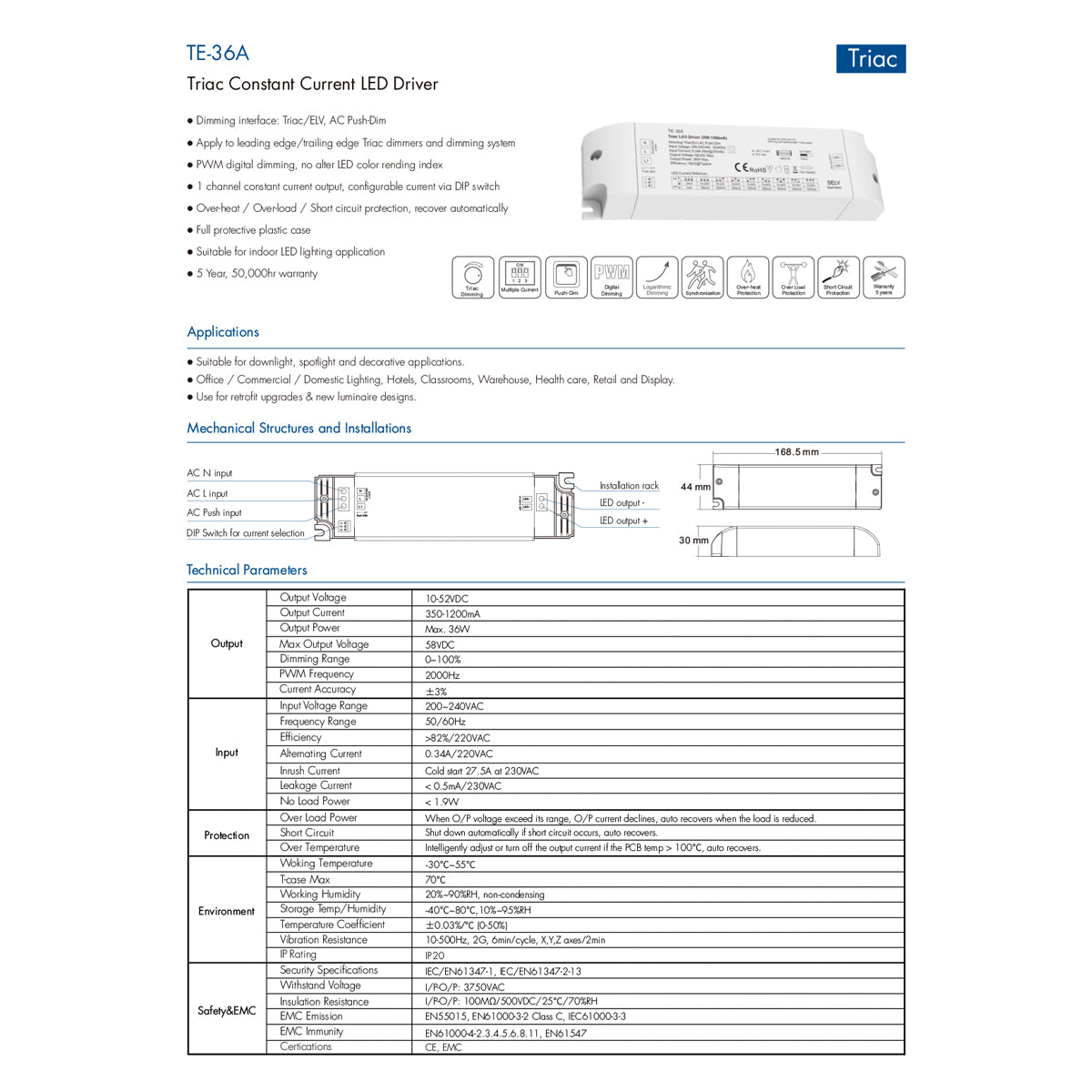 73135 TE-36A SKYDANCE AC Triac Dimmable Constant Current LED Driver Push Dimming 1 Κανάλι AC 200-240V 1 x 0.34A 36W - Max 0.34A 36W - IP20 Μ17.5 x Π4.4 x Υ3cm