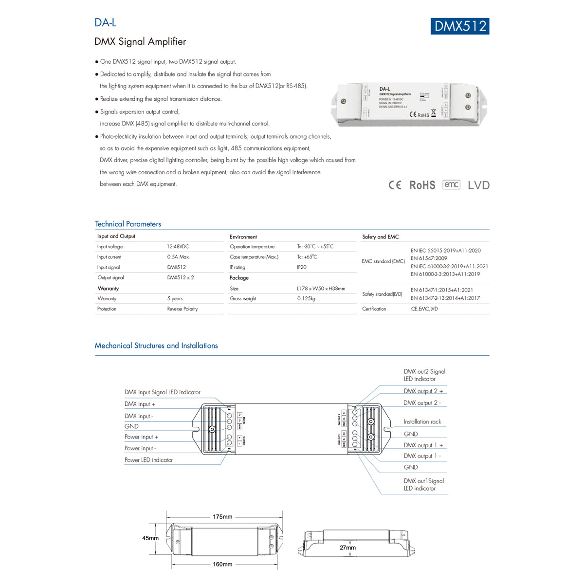 73138 DA-L SKYDANCE DC DMX512 Signal Amplifier 2 Καναλιών DC 12-48V - IP20 Μ17.5 x Π4.5 x Υ2.5cm