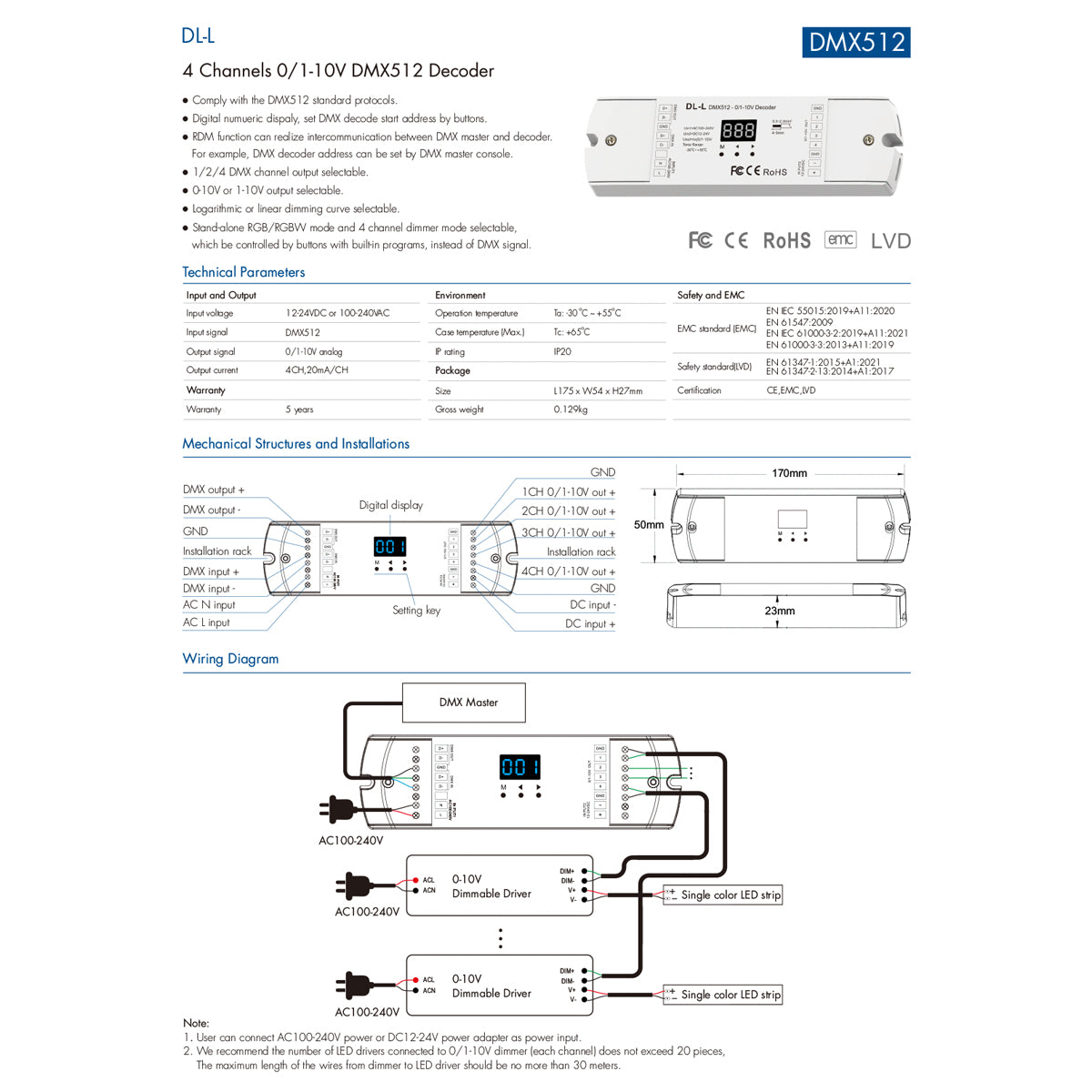 73140 DL-L SKYDANCE AC DMX512 to 0/1-10V Converter / Decoder 4 Καναλιών - 2 Inputs DC 12-24V ή AC 100-240V - IP20 Μ17 x Π5 x Υ2.5cm