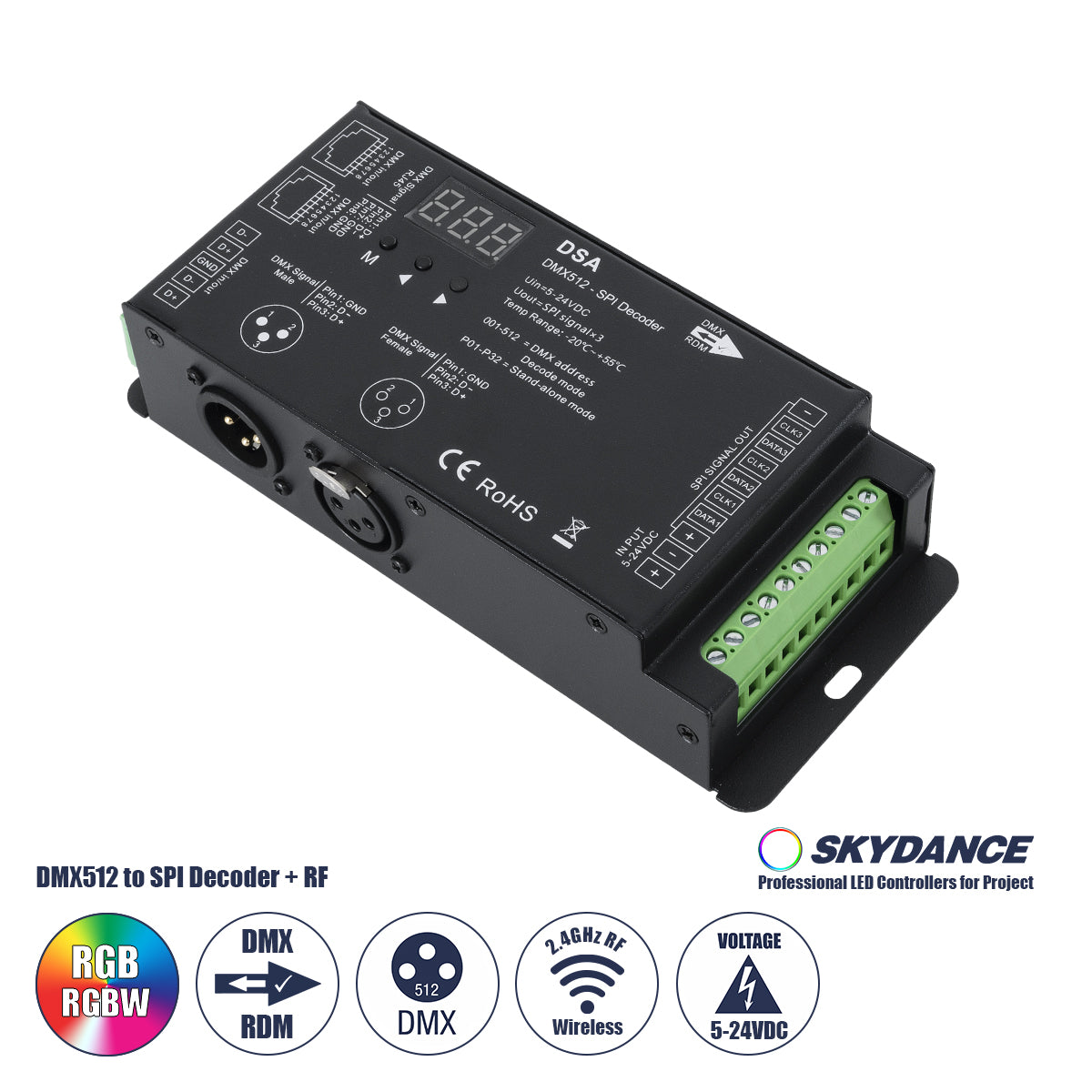 73141 DSA SKYDANCE DC RF 2.4Ghz DMX512 to SPI Decoder DC 5-24V - IP20 Π16.5 x Π7 x Υ3.7cm