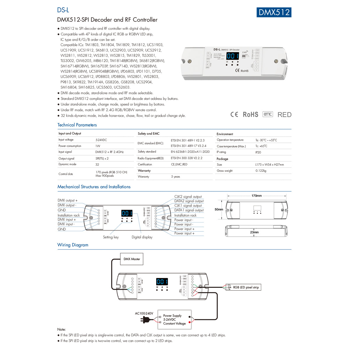 73142 DS-L SKYDANCE DC RF 2.4Ghz DMX512 to SPI Decoder DC 5-24V - IP20 Μ17 x Π5 x Υ2.5cm