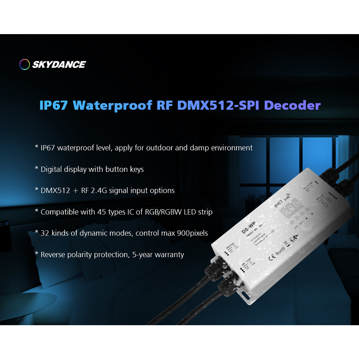 73143 DS-WP SKYDANCE DC RF 2.4Ghz DMX512 to SPI Decoder DC 5-24V - Αδιάβροχο IP65 Μ17 x Π8 x Υ4cm