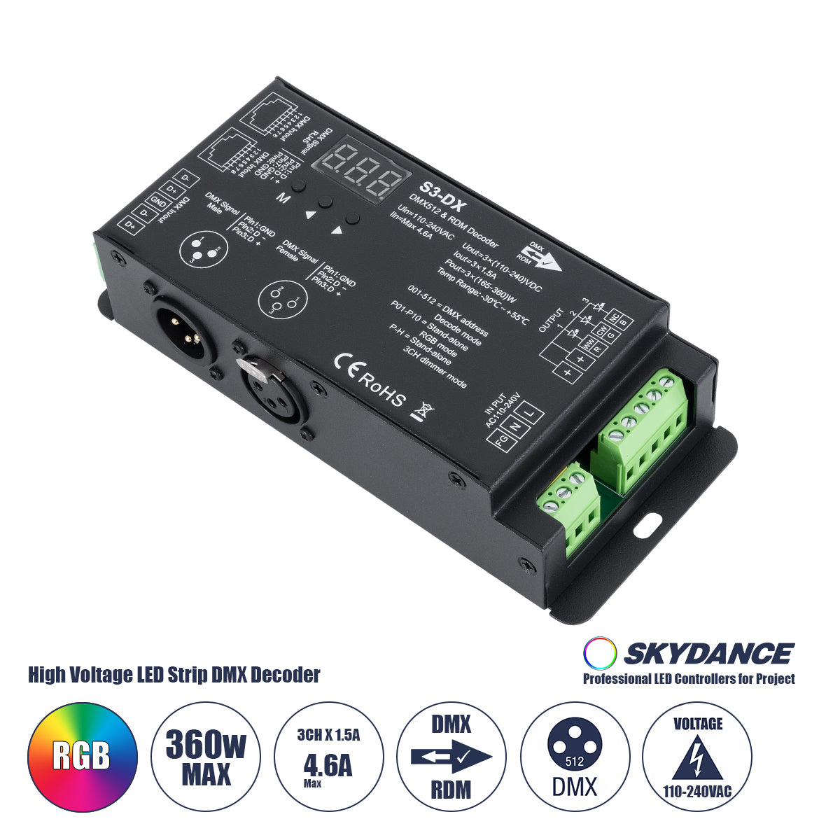 73144 S3-DX SKYDANCE AC DMX512 High Voltage LED Strip Decoder 3 Καναλιών AC 110-240V 3 x 1.5A 360W - Max 4.6A 360W - IP20 Π16.5 x Π7 x Υ3.7cm