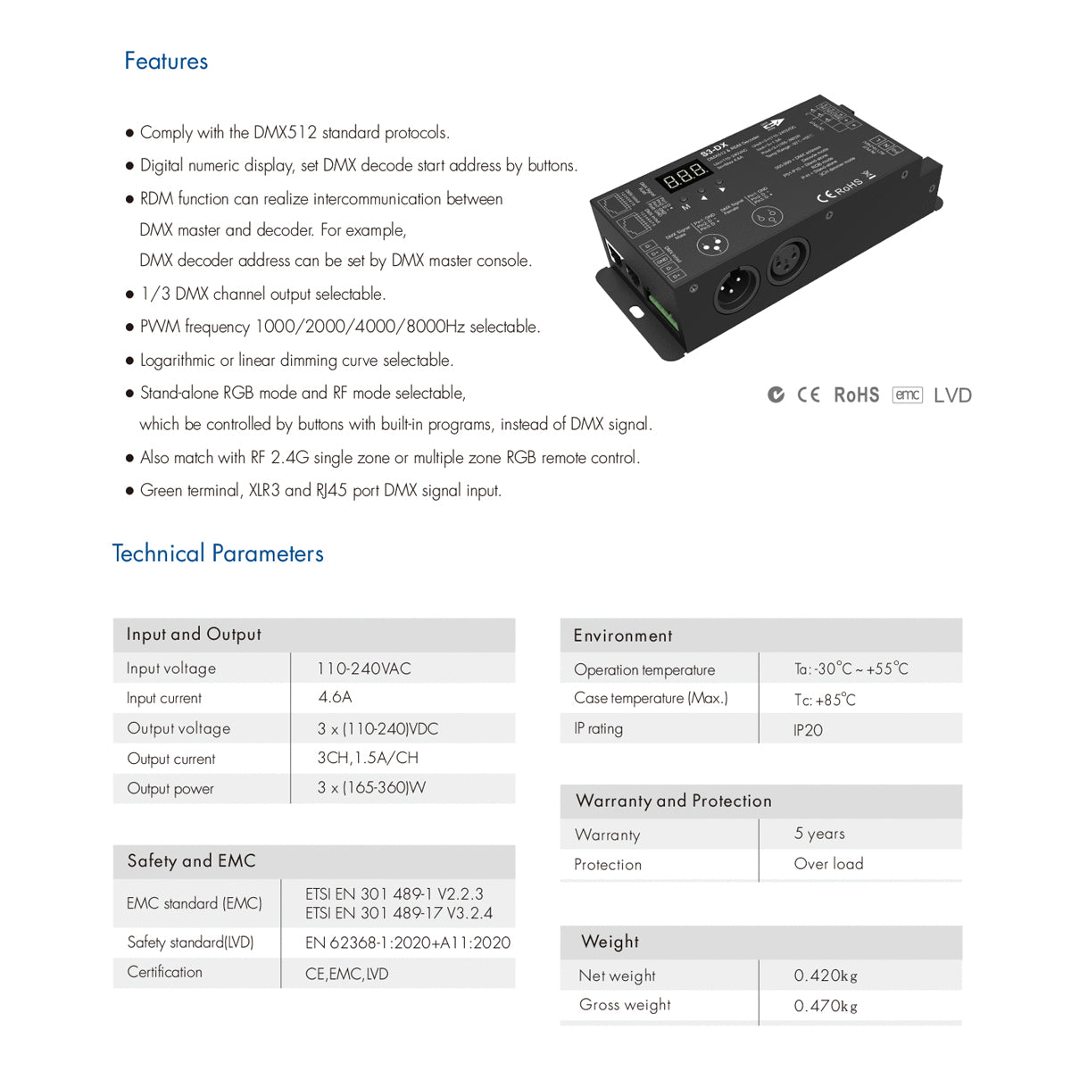 73144 S3-DX SKYDANCE AC DMX512 High Voltage LED Strip Decoder 3 Καναλιών AC 110-240V 3 x 1.5A 360W - Max 4.6A 360W - IP20 Π16.5 x Π7 x Υ3.7cm