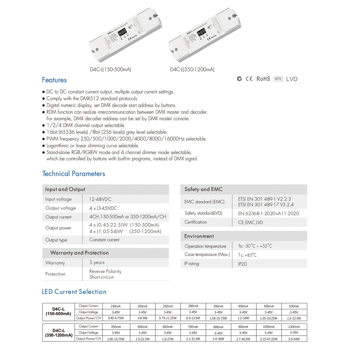 73145 D4C-L SKYDANCE DC DMX512 Constant Current & RDM Decoder 4 Καναλιών DC 12-48V 4 x 0.5A 22.5W - Max 2A 90W - IP20 Μ17 x Π5 x Υ2.5cm