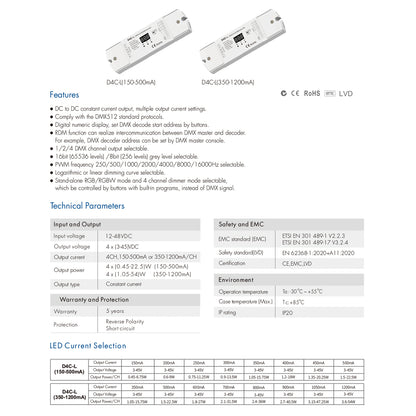 73145 D4C-L SKYDANCE DC DMX512 Constant Current & RDM Decoder 4 Καναλιών DC 12-48V 4 x 0.5A 22.5W - Max 2A 90W - IP20 Μ17 x Π5 x Υ2.5cm