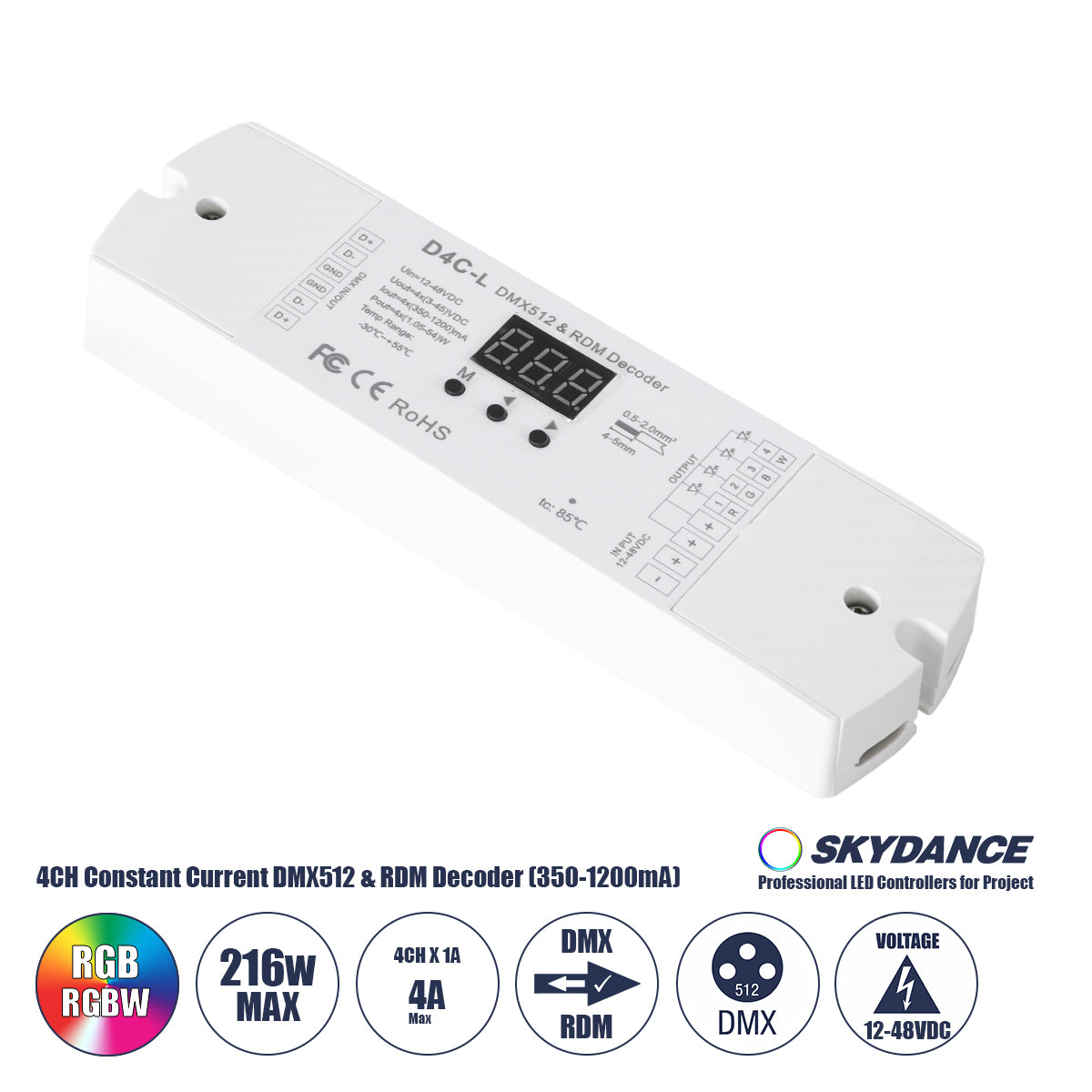 73146 D4C-L SKYDANCE DC DMX512 Constant Current & RDM Decoder 4 Καναλιών DC 12-48V 4 x 1A 54W - Max 4A 216W - IP20 Μ17 x Π5 x Υ2.5cm