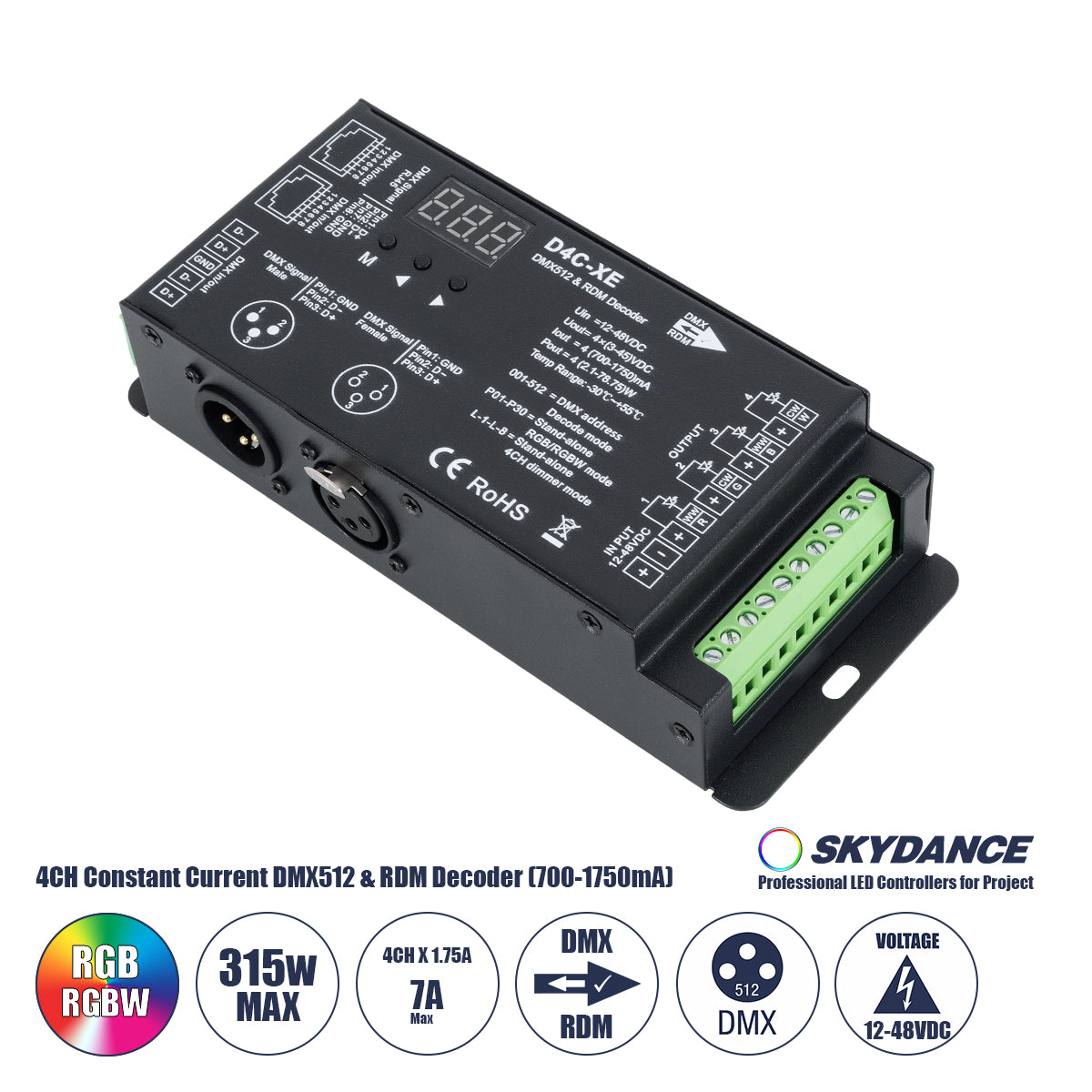 73147 D4C-XE SKYDANCE DC DMX512 Constant Current & RDM Decoder 4 Καναλιών DC 12-48V 4 x 1.75A 315W - Max 7A 315W - IP20 Π16.5 x Π7 x Υ3.7cm