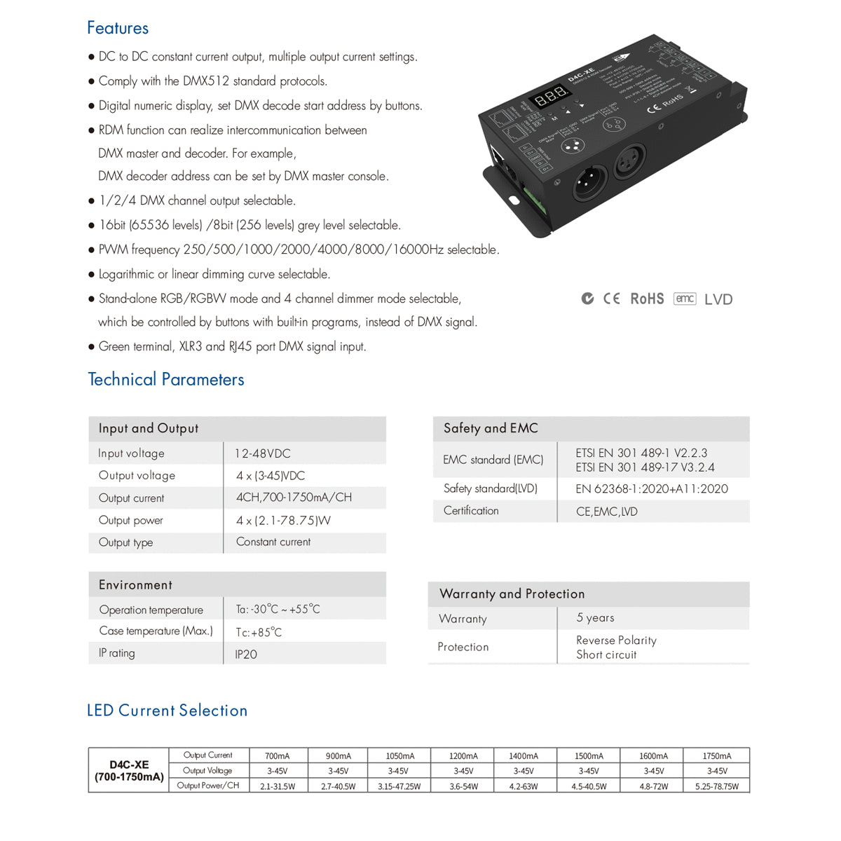 73147 D4C-XE SKYDANCE DC DMX512 Constant Current & RDM Decoder 4 Καναλιών DC 12-48V 4 x 1.75A 315W - Max 7A 315W - IP20 Π16.5 x Π7 x Υ3.7cm