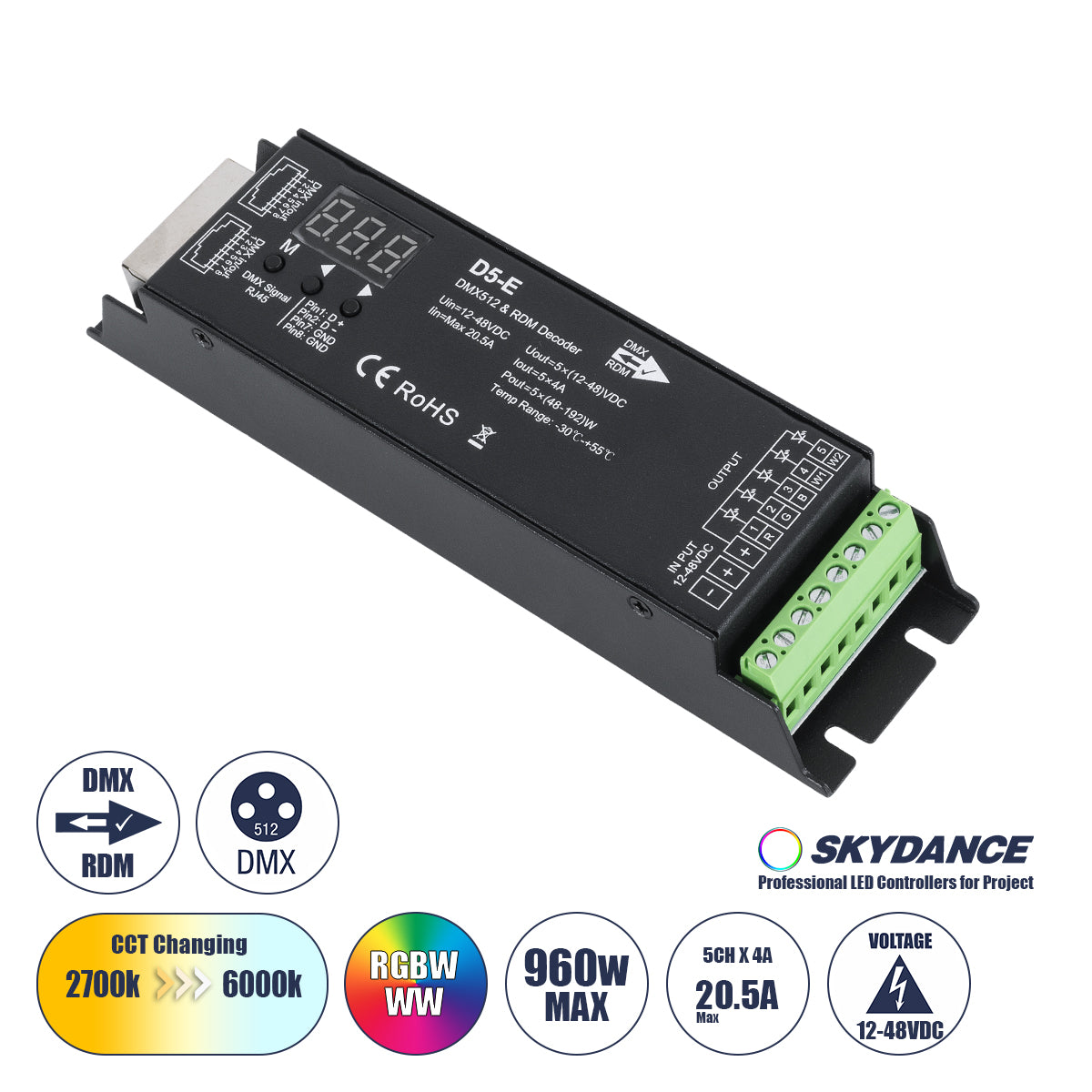 73148 D5-E SKYDANCE DC DMX512 & RDM Decoder 5 Καναλιών DC 12-48V 5 x 4A 960W - Max 20.5A 960W - IP20 Μ17.5 x Π4.5 x Υ3.3cm