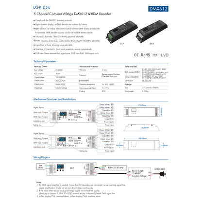 73148 D5-E SKYDANCE DC DMX512 & RDM Decoder 5 Καναλιών DC 12-48V 5 x 4A 960W - Max 20.5A 960W - IP20 Μ17.5 x Π4.5 x Υ3.3cm