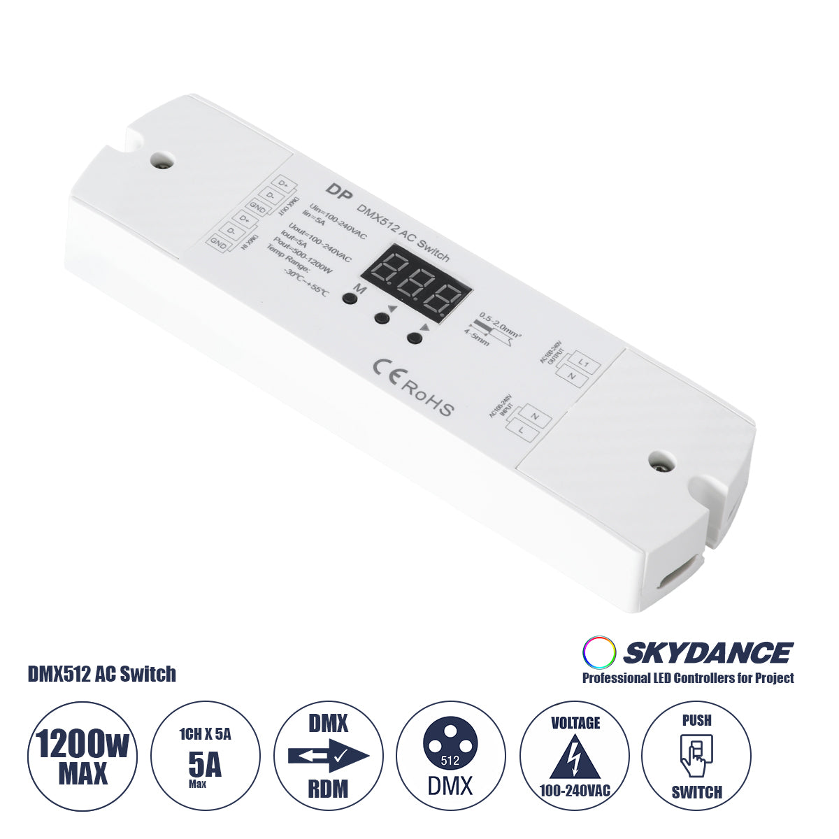 73156 DP SKYDANCE AC DMX512 Push Switch 1 Κανάλι AC 100-240V 1 x 5A 1200W - Max 5A 1200W - IP20 Μ17 x Π5 x Υ2.5cm