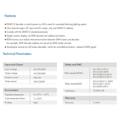 73156 DP SKYDANCE AC DMX512 Push Switch 1 Κανάλι AC 100-240V 1 x 5A 1200W - Max 5A 1200W - IP20 Μ17 x Π5 x Υ2.5cm