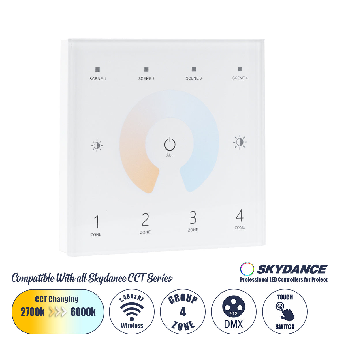 73160 T12 SKYDANCE Ασύρματο DMX512 Επιτοίχιο Χειριστήριο RF 2.4Ghz 4 Group για όλα τα SKYDANCE DMX512 Controller AC 100-240V Max 0.1A - IP20 Μ8.5 x Π8.5 x Υ3.5cm