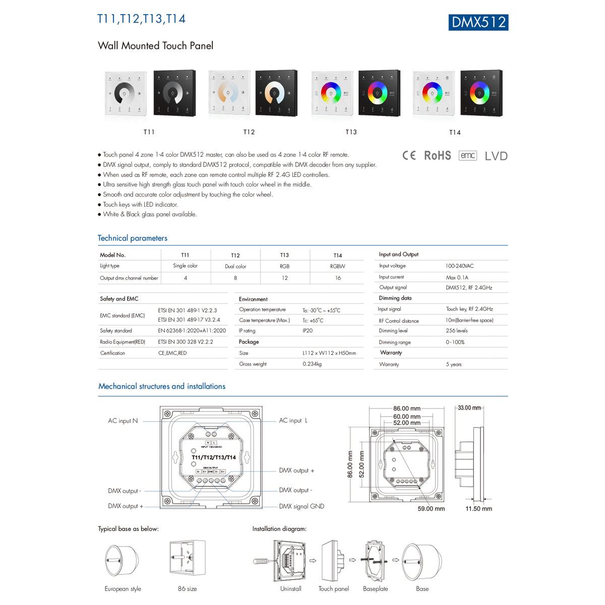 73160 T12 SKYDANCE Ασύρματο DMX512 Επιτοίχιο Χειριστήριο RF 2.4Ghz 4 Group για όλα τα SKYDANCE DMX512 Controller AC 100-240V Max 0.1A - IP20 Μ8.5 x Π8.5 x Υ3.5cm