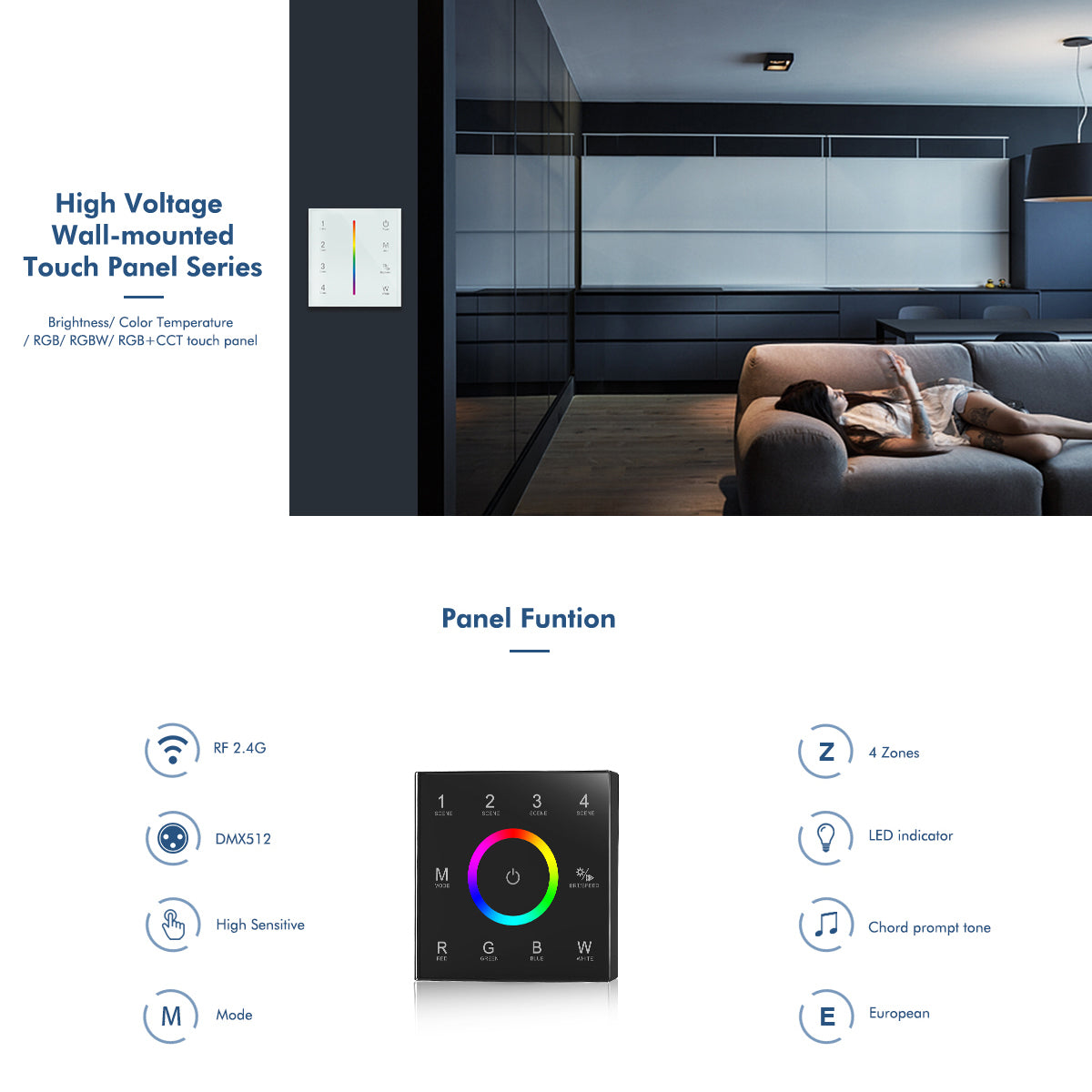 73160 T12 SKYDANCE Ασύρματο DMX512 Επιτοίχιο Χειριστήριο RF 2.4Ghz 4 Group για όλα τα SKYDANCE DMX512 Controller AC 100-240V Max 0.1A - IP20 Μ8.5 x Π8.5 x Υ3.5cm