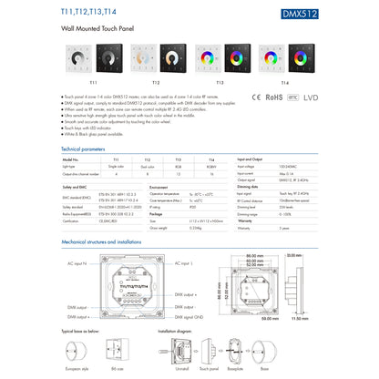 73160 T12 SKYDANCE Ασύρματο DMX512 Επιτοίχιο Χειριστήριο RF 2.4Ghz 4 Group για όλα τα SKYDANCE DMX512 Controller AC 100-240V Max 0.1A - IP20 Μ8.5 x Π8.5 x Υ3.5cm