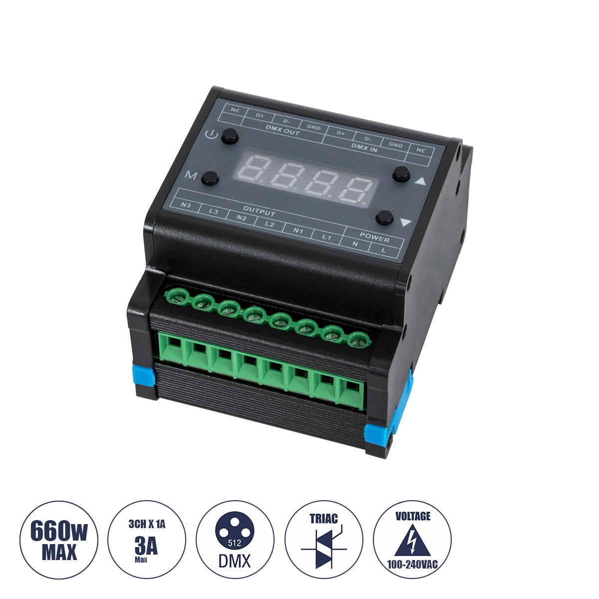 73372 AC Triac DMX Dimmer Din Rail Ράγας 3 Καναλιών AC 100-240V 3 x 1A 220W - Max 3A 660W - IP20 Μ8 x Π9 x Υ6cm
