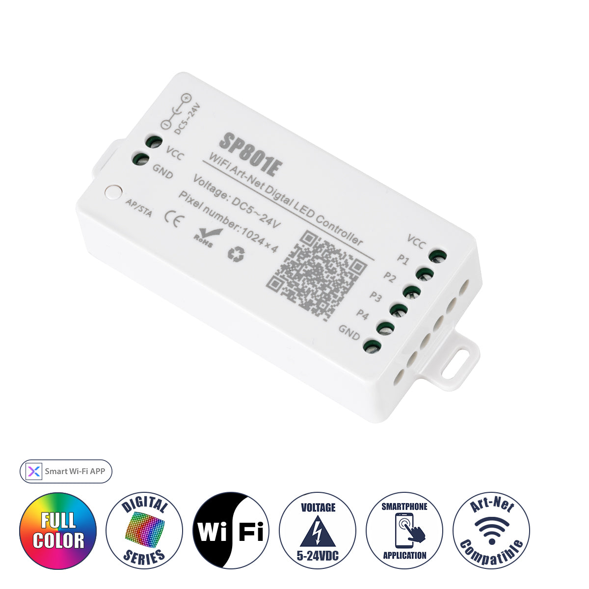 73415 SP801E Ασύρματος WiFi Art-Net LED FULL COLOR Magic Digital Pixel Controller iOS/Android για LED Digital Πολύχρωμα και Μονόχρωμα Προϊόντα DC 5-24V 4 x 1024 IC Max