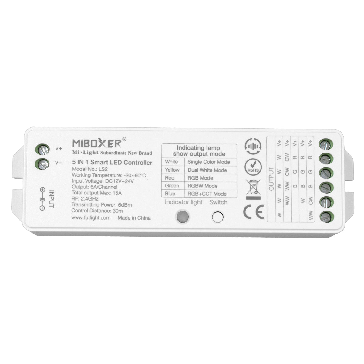 73422 LS2 Mi-BOXER DC RF 2.4Ghz 5 in 1 Dimmer High Speed Controller / Dimmer 5 Καναλιών DC 12-24V 5 x 3A 72W - Max 15A 360W - IP20 RGBW+WW Μ13 x Π5 x Υ2.5cm
