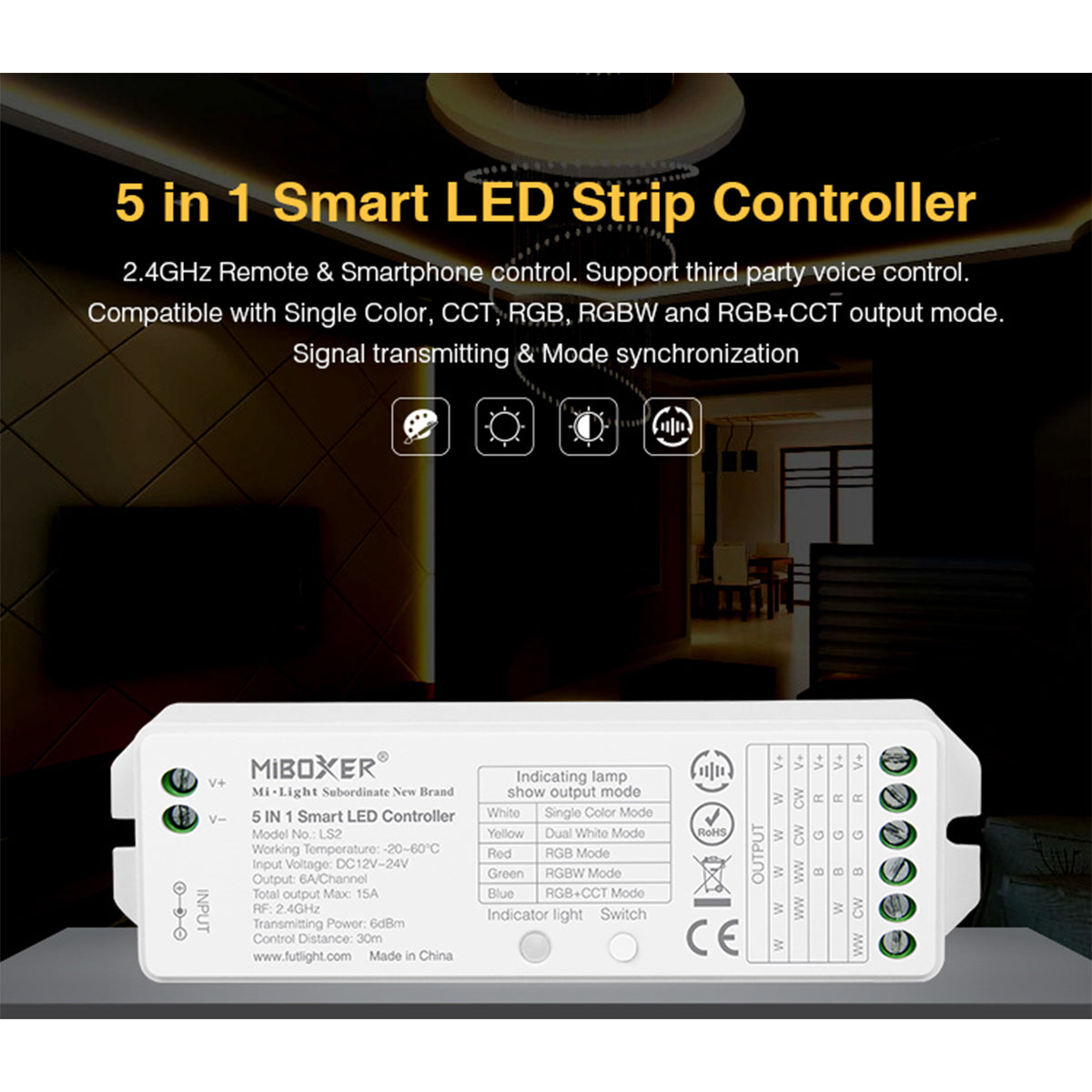 73422 LS2 Mi-BOXER DC RF 2.4Ghz 5 in 1 Dimmer High Speed Controller / Dimmer 5 Καναλιών DC 12-24V 5 x 3A 72W - Max 15A 360W - IP20 RGBW+WW Μ13 x Π5 x Υ2.5cm