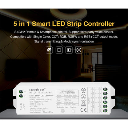 73422 LS2 Mi-BOXER DC RF 2.4Ghz 5 in 1 Dimmer High Speed Controller / Dimmer 5 Καναλιών DC 12-24V 5 x 3A 72W - Max 15A 360W - IP20 RGBW+WW Μ13 x Π5 x Υ2.5cm