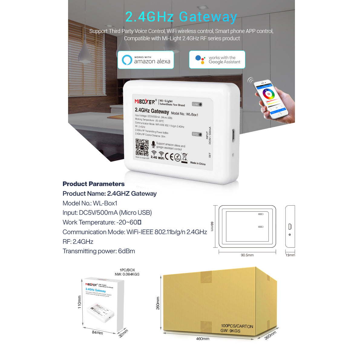 73423 WL-Box1 Mi-BOXER Smart Bridge Gateway RF 2.4GHz to WiFi IEEE 802.11b/g/n DC 5V 500mA - IP20 - Μ9 x Π6.6 x Υ15cm