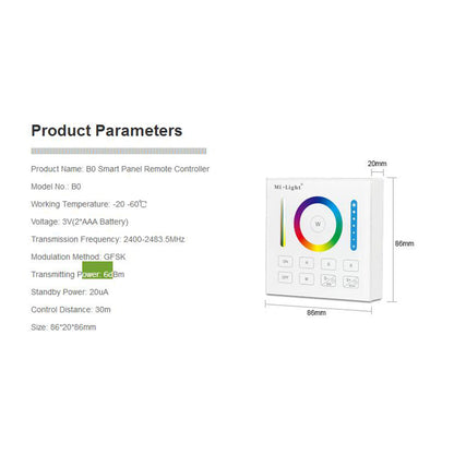73425 Mi-Light B0 LED RGBW+WW+CCT Smart Ασύρματο Χειριστήριο Αφής 2.4G RF Φορητό/Τοίχου με Μπαταρία για όλα τα Mi-Light Controller Box