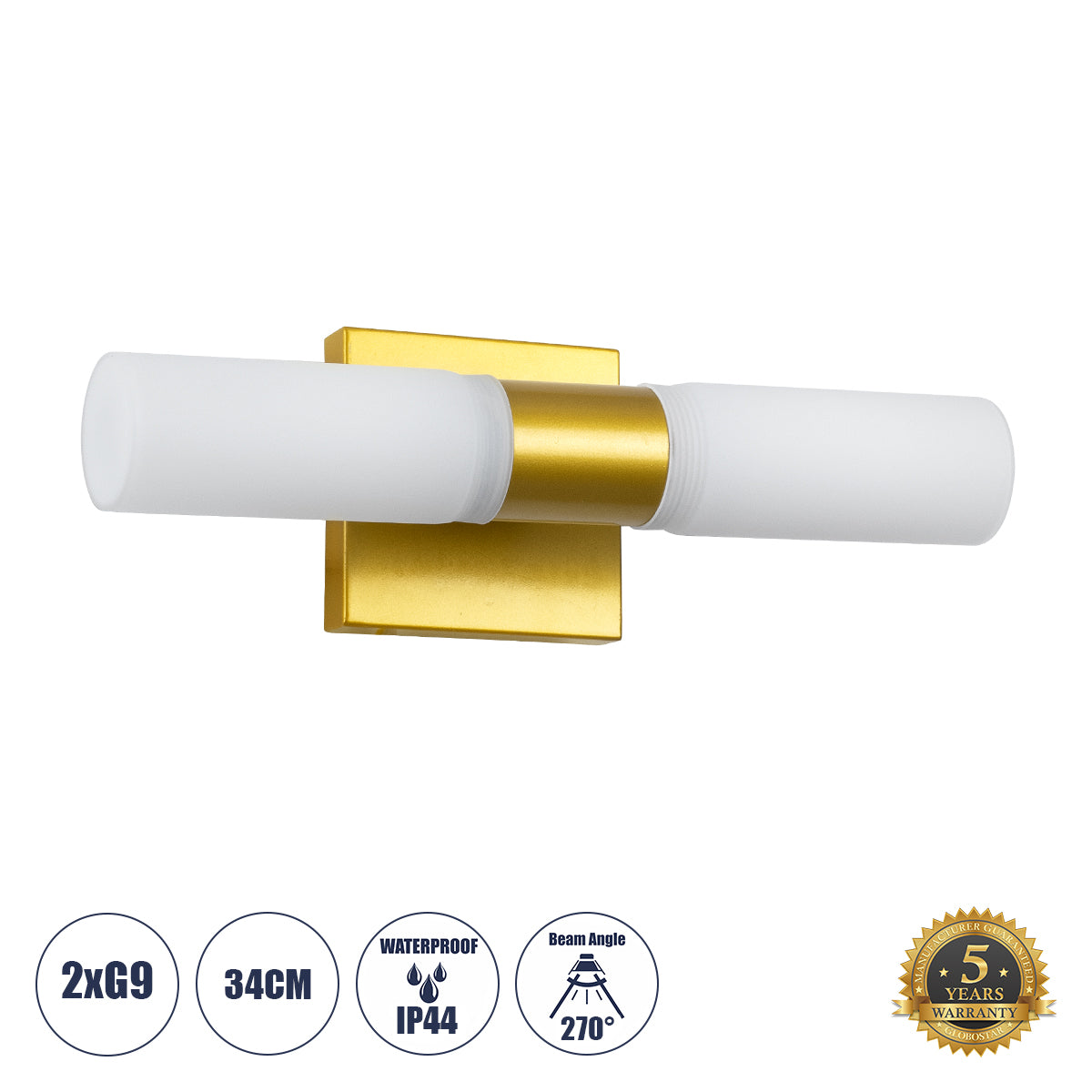 ANAIS 60409 Μοντέρνο Φωτιστικό Τοίχου - Απλίκα Καθρέπτη Μπάνιου με Ντουί 2 x G9 AC 220-240V IP44 - Χρυσό Βούρτσας & Λευκό - Μ34 x Π12 x Υ11