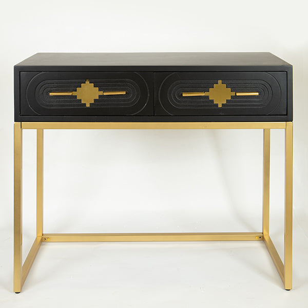 ΚΟΝΣΟΛΑ ΞΥΛΙΝΗ ΜΑΥΡΗ 2 ΣΥΡΤΑΡΙΑ ΜΕΤΑΛΛΙΚΑ ΠΟΔΙΑ ΧΡΥΣΑ 100x40x80