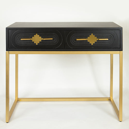 ΚΟΝΣΟΛΑ ΞΥΛΙΝΗ ΜΑΥΡΗ 2 ΣΥΡΤΑΡΙΑ ΜΕΤΑΛΛΙΚΑ ΠΟΔΙΑ ΧΡΥΣΑ 100x40x80