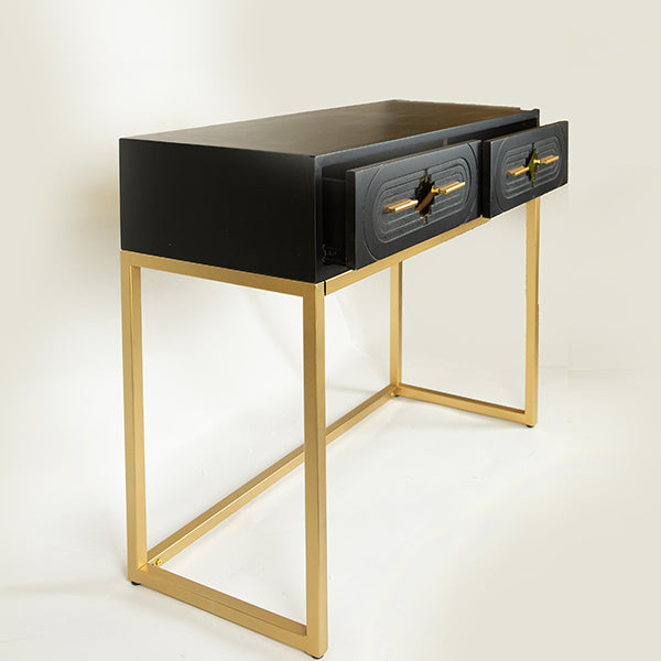 ΚΟΝΣΟΛΑ ΞΥΛΙΝΗ ΜΑΥΡΗ 2 ΣΥΡΤΑΡΙΑ ΜΕΤΑΛΛΙΚΑ ΠΟΔΙΑ ΧΡΥΣΑ 100x40x80