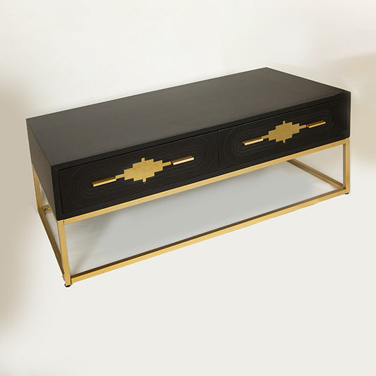 ΤΡΑΠΕΖΑΚΙ ΣΑΛΟΝΙΟΥ ΞΥΛΙΝΟ ΜΑΥΡΟ ΜΕΤΑΛΛΙΚΑ ΠΟΔΙΑ ΧΡΥΣΑ 120x60x45