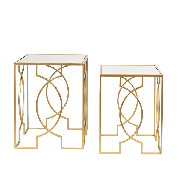 ΤΡΑΠΕΖΑΚΙΑ ΒΟΗΘΗΤΙΚΑ ΜΕΤΑΛΛΙΚΑ ΧΡΥΣΟ ΕΠΙΦΑΝΕΙΑ ΓΥΑΛΙ ΣΕΤ 2 ΤΜΧ S:35.5x35.5x46.5 L:40.5x40.5x51.5