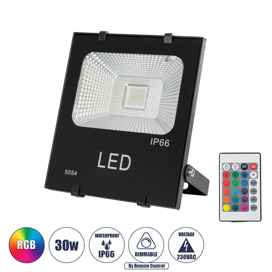 75601 Επαγγελματικός Προβολέας LED 30W 1950lm 120° AC 220-240V Αδιάβροχος IP66 με Ασύρματο Χειριστήριο IR - RGB - Μ17 x Π4.5 x Υ20cm