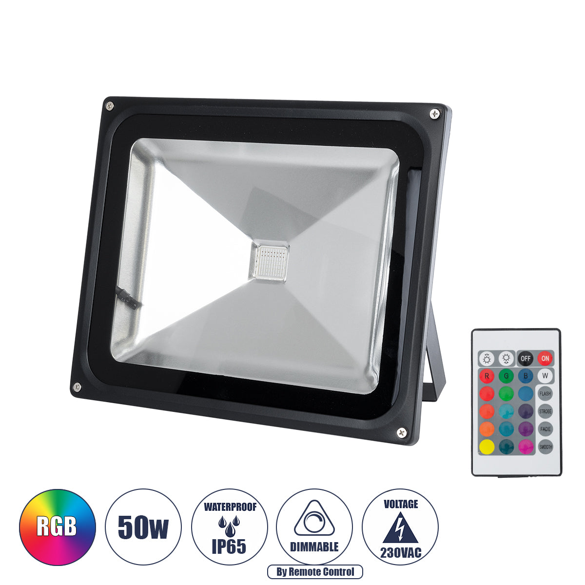 75602 Επαγγελματικός Προβολέας LED 50W 3250lm 120° AC 220-240V Αδιάβροχος IP65 με Ασύρματο Χειριστήριο IR - RGB - Μ28.5 x Π23.5 x Υ10cm