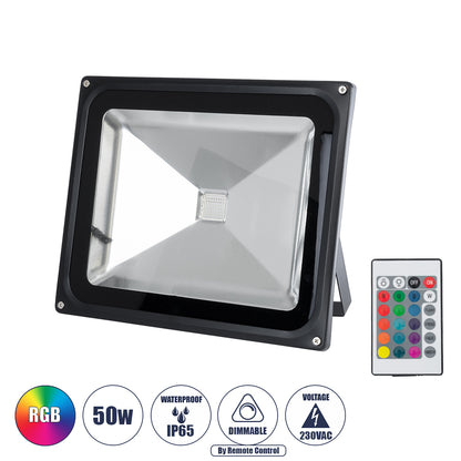 75602 Επαγγελματικός Προβολέας LED 50W 3250lm 120° AC 220-240V Αδιάβροχος IP65 με Ασύρματο Χειριστήριο IR - RGB - Μ28.5 x Π23.5 x Υ10cm