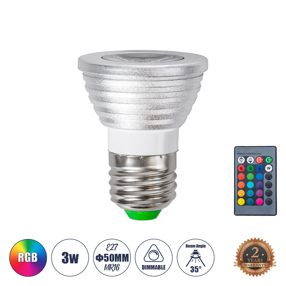 76066 Σποτ LED E27 MR16 3W 200lm 90° AC 220-240V IP20 Φ5 x Υ8.5cm - Εναλλαγή Φωτισμού μέσω Τηλεχειριστηρίου RGB - Dimmable