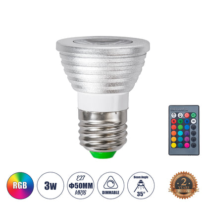 76066 Σποτ LED E27 MR16 3W 200lm 90° AC 220-240V IP20 Φ5 x Υ8.5cm - Εναλλαγή Φωτισμού μέσω Τηλεχειριστηρίου RGB - Dimmable